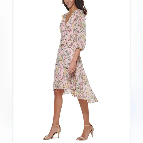 Tommy Hilfiger Chiffon Floral boho Fairycore faux Wrap Midi Dress Pink 10 M - Picture 9 of 11